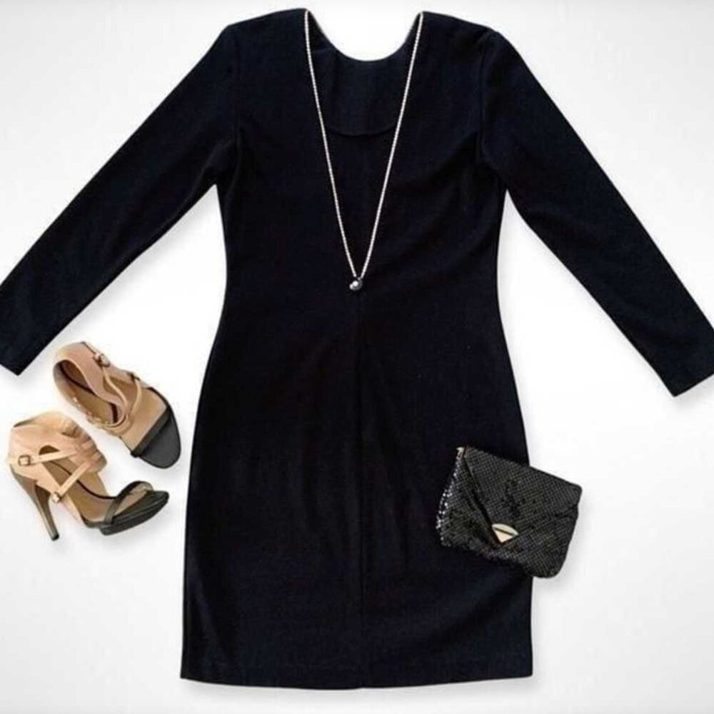 Women's Vintage Deep V Back Dress Little Black Dress Size 8 Rhinestone Midi
